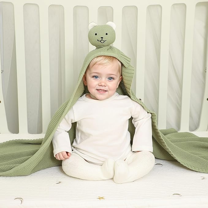 LAWKUL Baby Blanket Bear Lovey Soft Plush Security Blanket for Newborns Infants Boy Girl Knit Snuggle Comfort Green 40x30in