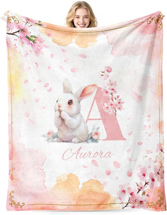 Personalized Baby Name Blanket, Custom Blankets and Throws with Name for Kids Girls Boys, Customized Toddler Blanket Gifts for Christmas Birthday Baby Shower(Name Rabbit)