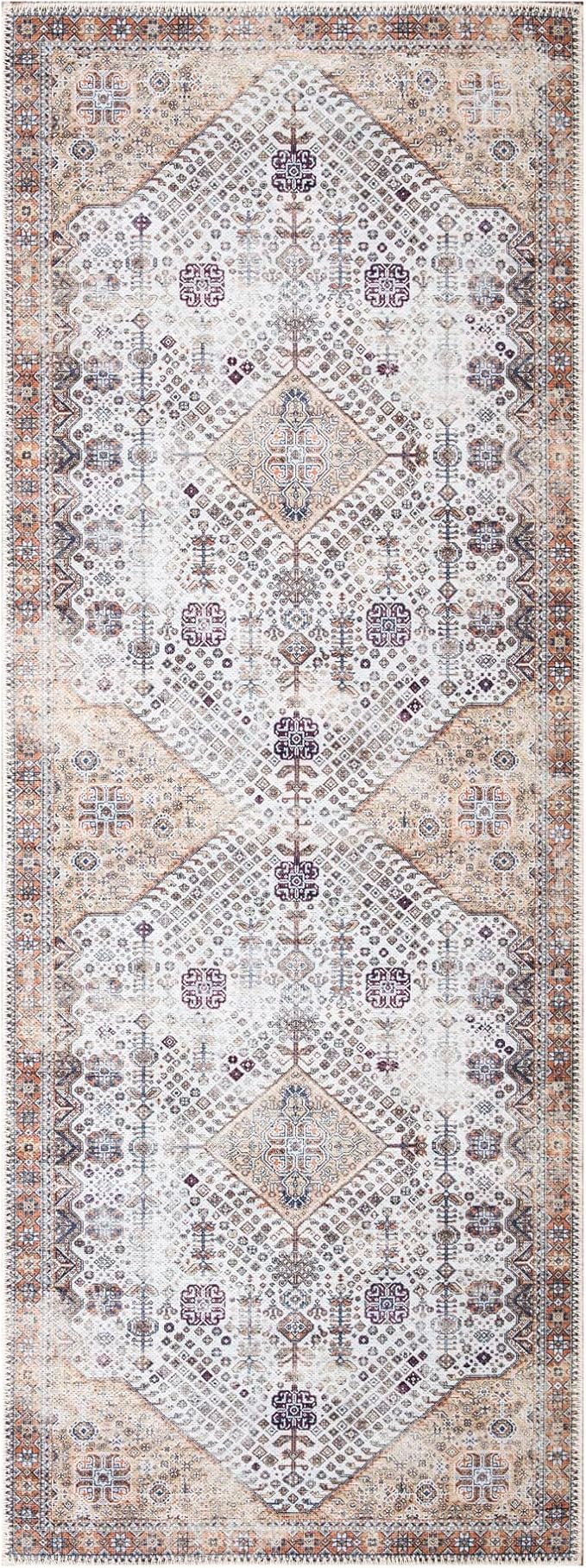 Bloom Rugs Washable Non-Slip 7 ft Runner - Sand/Orange/Purple Traditional Medallion Runner for Entryway, Hallway, Bathroom, and Kitchen - Exact Size: 2.5' x 7'