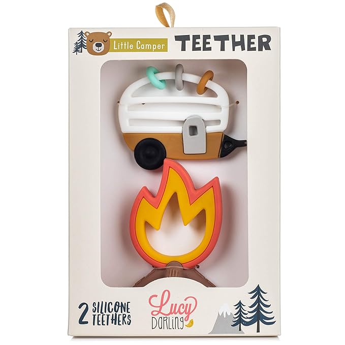 Lucy Darling Little Camper Baby Teether Set – 2 Textured Silicone Teething Toys (Camper & Campfire) for Babies 3–6 Months | BPA-Free, Easy to Hold & Clean | Baby Registry & Shower Gift