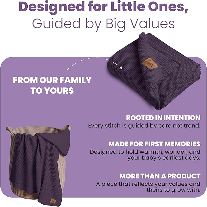 100% Organic Cotton Baby Knitted Blanket with Gift Box - Soft Toddler, Crib, Stroller Blanket - Neutral Swaddle and Receiving Blanket for Newborns, 30"x40", Sweet Grape