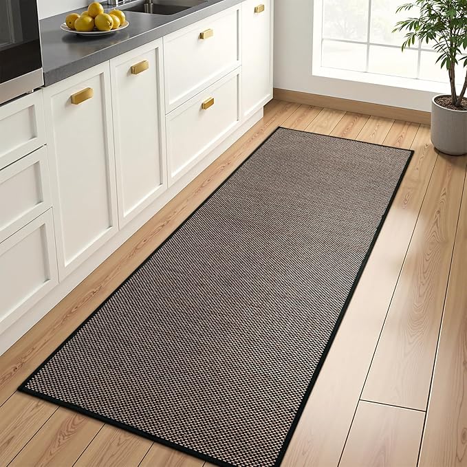 Wonnitar Farmhouse Washable Kitchen Runner Rug, 2x5 Rug Runner Rubber Backed Non Slip Bathroom Rugs, Neutral Absorbent Braided Bathroom Carpet Runner for Bedroom Kitchen Entry Hallway(Black,2'x5')