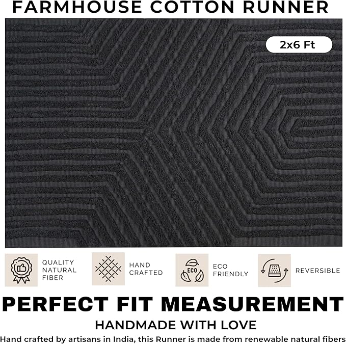 Boho Bathroom Rug 2' x 6', Washable Hand-Woven Tufted Cotton with Tassels, Farmhouse Kitchen Mat for Foyer, Bedroom, Back Door Décor - Dark Grey