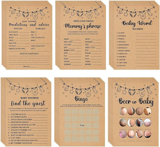 Baby Shower Games Bundle for 50 Guests, 6 Fun Activities: Find the Guest, Predictions, Finish Mommy's Phrase, Beer or Baby, Word Scrabble, Bingo