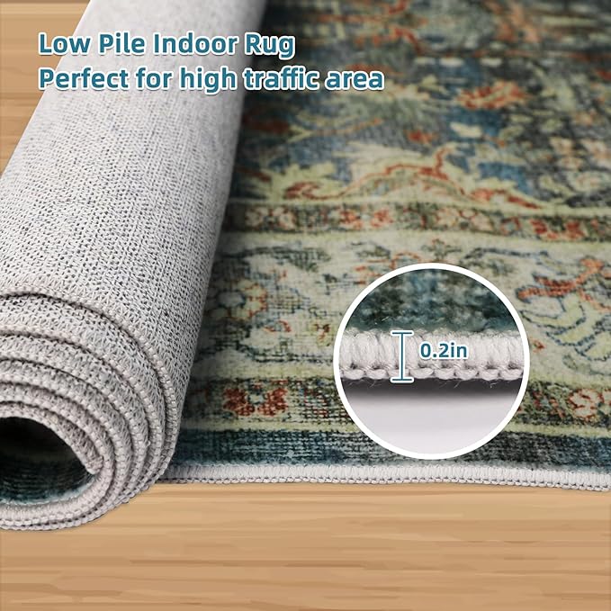 Dripex Hallway Runner Rug 2x10, Washable Rug Kitchen Rug Non Slip with Rubber Backing Soft Thin Vintage Carpet Runner for Entryway Bedroom Bathroom Laundry Room Living Room Decor, Blue/Green