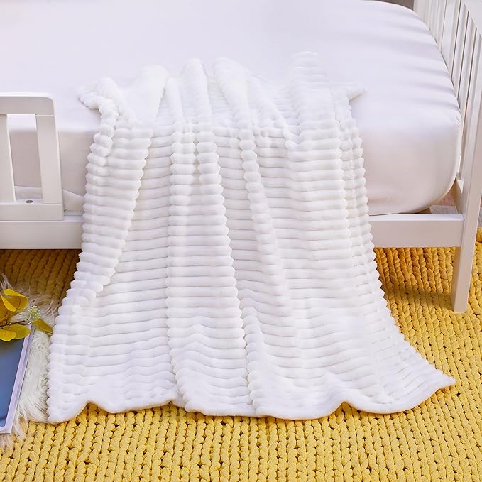NTBAY Plush Flannel Oversized Baby Blanket, 50X60 Inches Soft and Warm Toddler Blanket with Striped Texture Nursery Bed Blanket for Stroller, Crib, Travel, Baby Gift, 50"x60", White