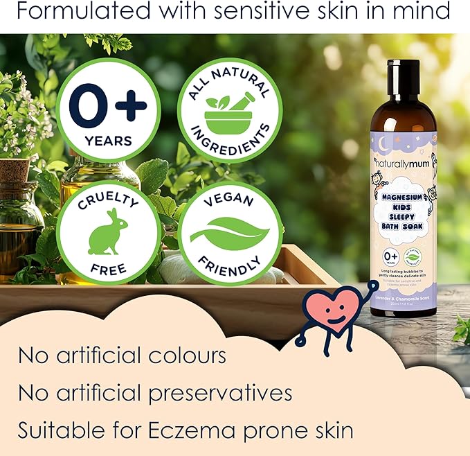 Kids Magnesium Sleepy Bath Soak - Bubble Bath - All-Natural & Calming - Suitable for Newborns with Dry & Sensitive Skin - Lavender & Chamomile Essential Oils – Made in UK - 8.8fl oz