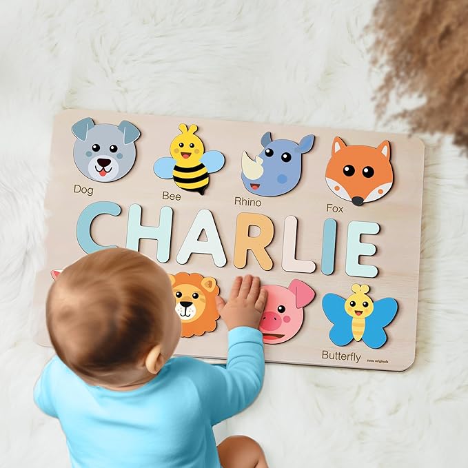 Custom Name Puzzle for Toddlers 1-3, 1 Year Old Girl Gifts, 1st Birthday Gifts Boy, ABC Wooden Puzzle Animals and Alphabet Learning Puzzles Toys for Babies, Preschool Montessori Toys