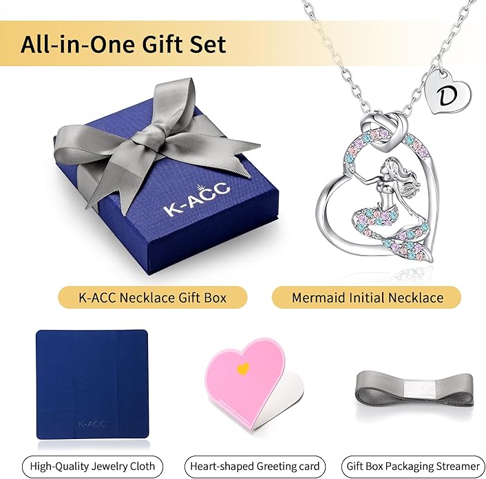 K-Acc 14K Gold-Plated Mermaid Initial Heart Necklace - Gifts for Girls