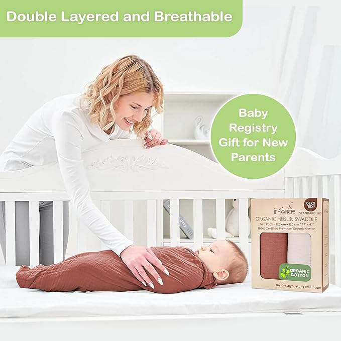 Organic Cotton Muslin Baby Blanket - 47x47 Inch Breathable Swaddle, Hypoallergenic Double-Layer, Versatile Use (Rust/Ivory, 47x47 Inch)