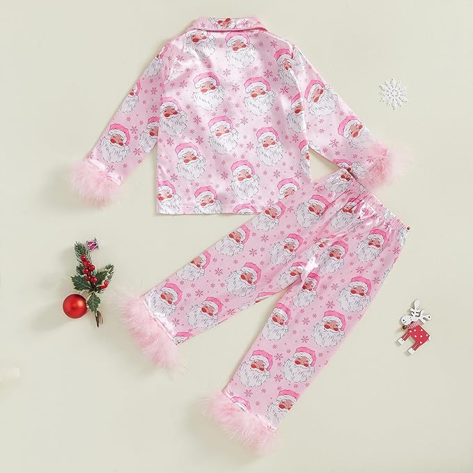 Toddler Kids Baby Girl Solid Pjs Ruffle Long Sleeve Button Shirt Top and Pants Cotton 2Piece Pajamas Set