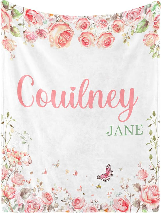 Ship Next Day, Personalized Baby Blanket for Girls- Printed in USA, Custom Baby Blankets with Name Floral Rose Blanket for Infant Newborn Shower(Rose)