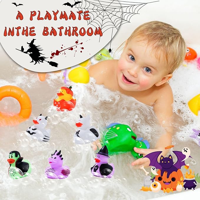 12PCS Halloween Light up Rubber Duck Glow in The Dark Pumpkin Skeleton Spider Bat Witch Duck Bathtub Toy for Kid Halloween Party Favor