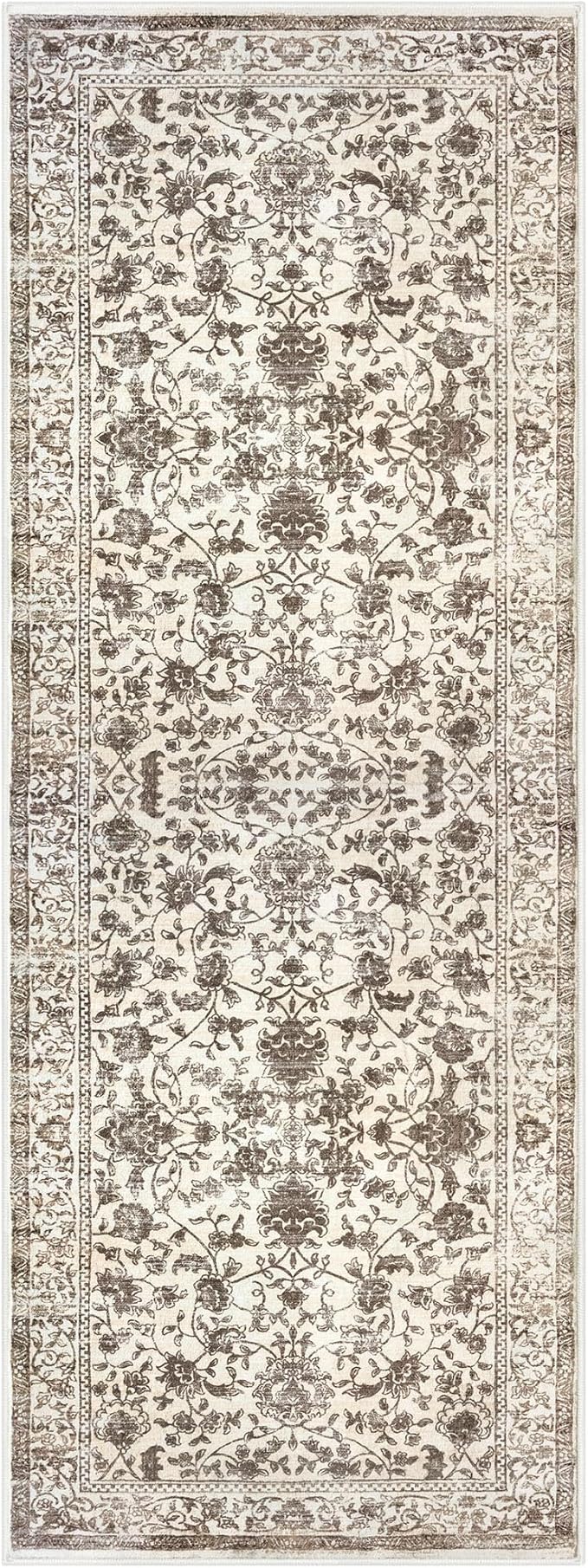 KILOCOCO Hallway Runner 2x6 Rug Runner Printed Vintage Floral Washable Kitchen Runners Non-Slip Rubber Backed Runners for Hallways Laundry Room Distressed Boho Rugs for Entryway Bedroom, Beige/Brown