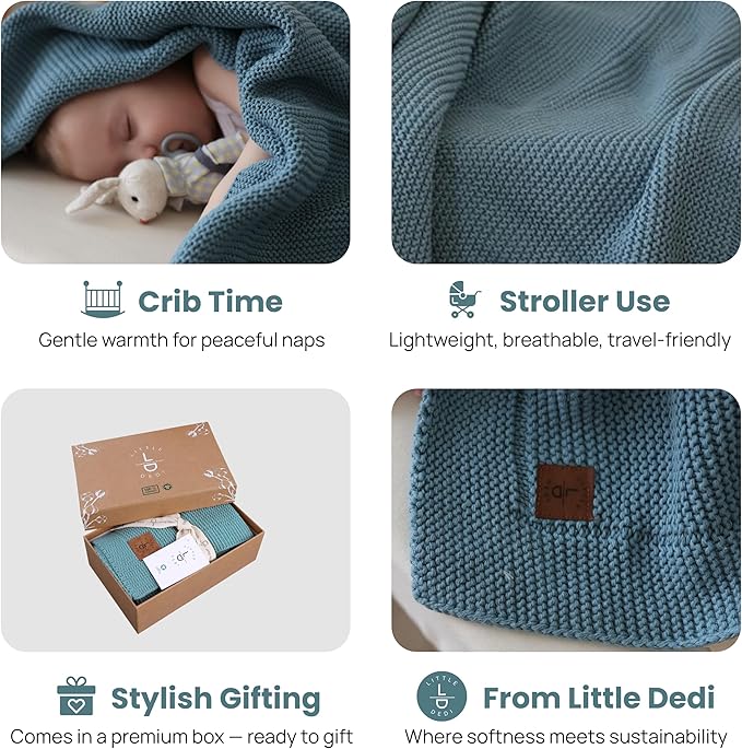 100% Organic Cotton Baby Knitted Blanket with Gift Box - Soft Toddler, Crib, Stroller Blanket - Neutral Swaddle and Receiving Blanket for Newborns, 30"x40", Smoke Blue