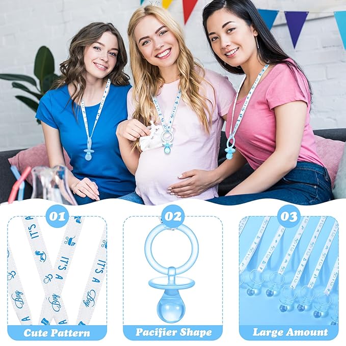 Chengu 100 Pcs Baby Shower Pacifiers Necklace, Acrylic Pacifiers Necklace Charm for Gender Reveal Party Decorations(Blue)