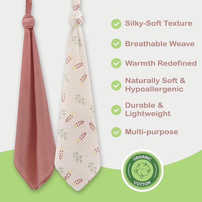 Organic Cotton Muslin Baby Blanket - 47x47 Inch Breathable Swaddle, Hypoallergenic Double-Layer, Versatile Use (Pink Floral, 47x47 Inch)