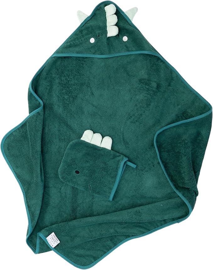 Hooded Baby Towel with Mitt - Ultra Soft Plush Bath Essential for Newborn, Infant & Toddler - Premium 30x30 Inch Large Absorbent Baby Bath Towels with Hood for Boys & Girls (Happy Dino)