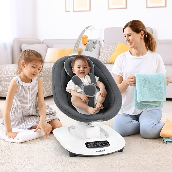 Ezebaby Baby Swing for Infants and Newborns with 5 Unique Motions, Adjustable Speed and Positions, Lullabies, Infant Swing with 5-Point Harness, Baby Swing for Newborn Babies 0-9 Months Grey