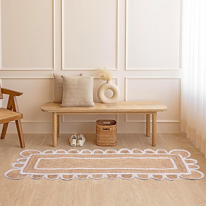 Shiv Shakti Exports Scalloped Natural Jute Area Rug, Natural Base Off White Trim (2.6x6 Feet)