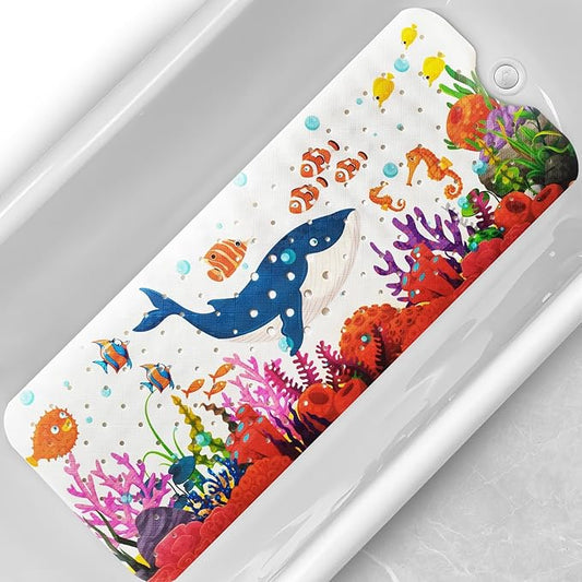 Linoows Baby Bath Tub Mat, 40 x 16 Inch Extra Large Non Slip Kids Cartoon Bathtub Shower Mats with Suction Cups & Drain Holes, Machine Washable for Bathroom, Undersea Blue Whale