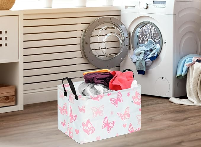 Rectangle Kids Gift Storage Basket Shelf Storage Basket Organizer Box Clothes Laundry Hamper Toys Nursery Basket Baby Laundry Basket with Handles (Pink Butterfly)