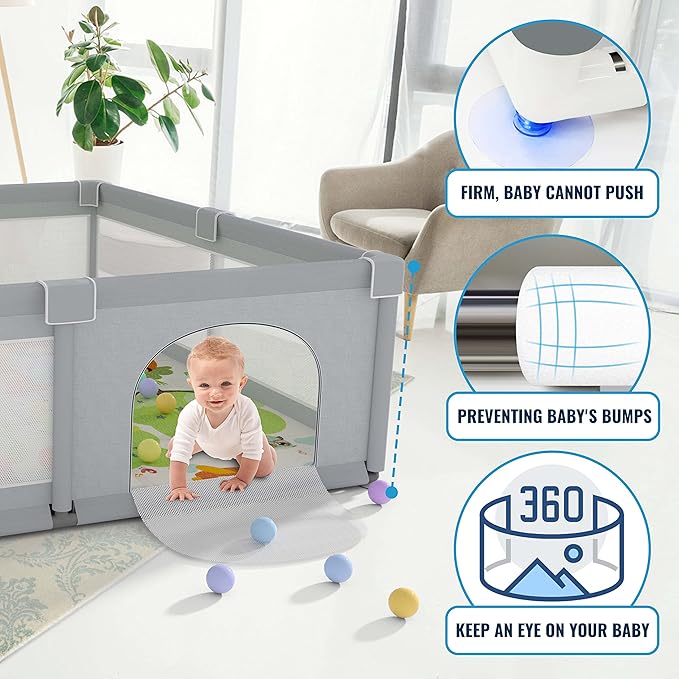 Baby Playpen 79" X 71", LUTIKIANG Play Yard for Babies and Toddlers with Mat, Safety Extra Large Baby Fence Area, Indoor & Outdoor Kids Activity Play Center with Anti-Slip Suckers and Zipper Gate.