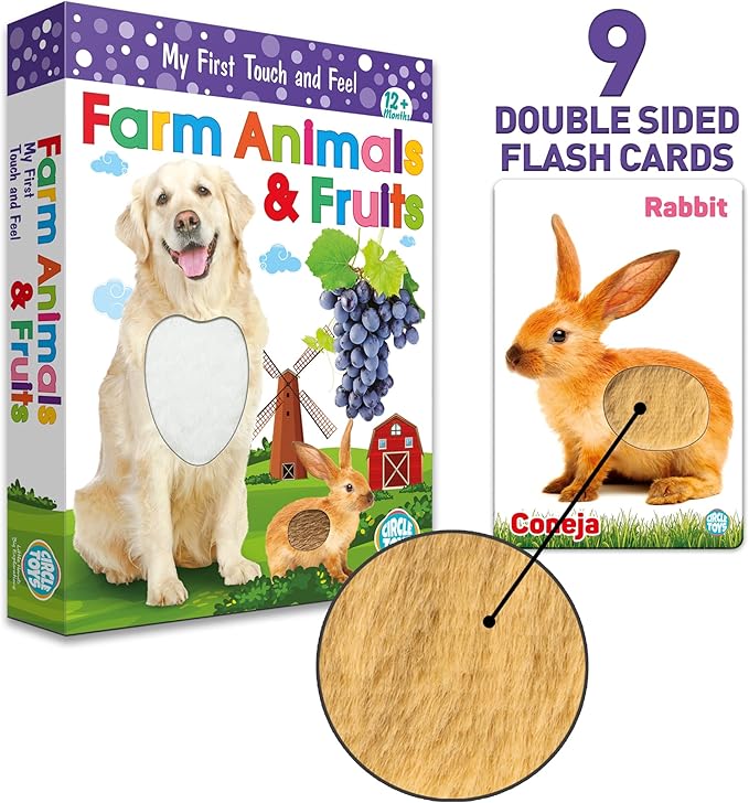 My Touch and Feel English Spanish Bilingual Picture Double Sided Sensory Flash Cards for Infant, Toddlers, Kids, Learn Animals, Fruits, and Vehicles, Fun Learning and Educational Flashcards