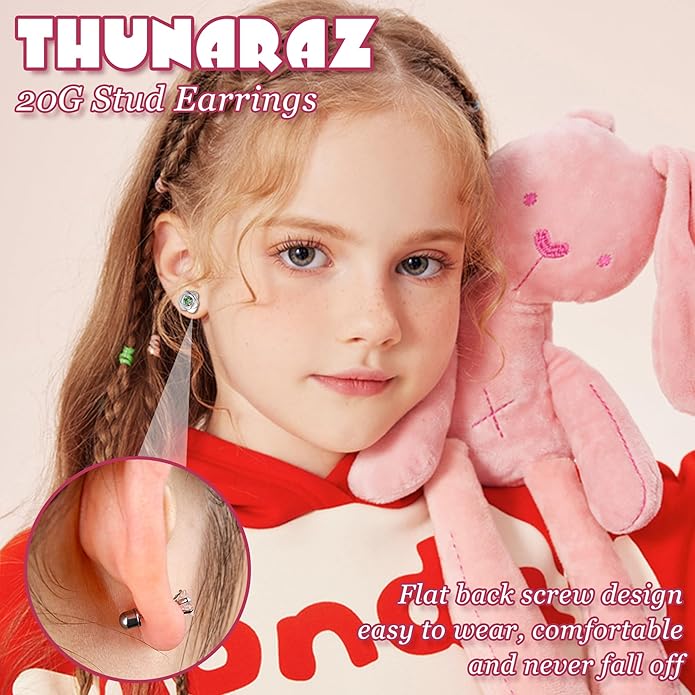 THUNARAZ Hypoallergenic Screw Back Earrings for Girls Women Surgical Stainless Steel Stud Earrings for Sensitive Ears Cute Butterfly Flower Heart CZ Screwback Earring Kid Toddler Girls Jewelry Gift
