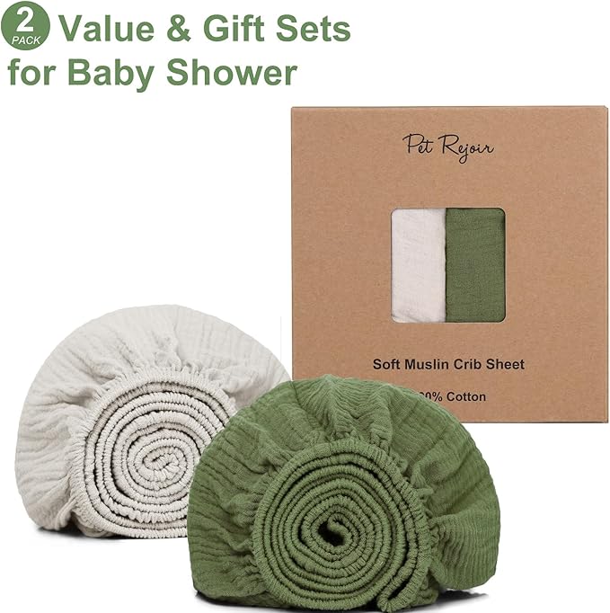 Muslin Fitted Crib Sheets for Girls & Boys-2 Pack 28"x 52" Soft Baby Mattress Sheet-No Slip Boho Neutral Breathable Toddler Cotton Bedding Olive Green & Beige