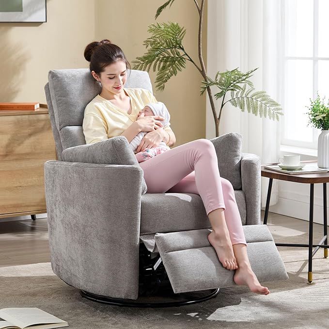 Recliner Swivel Rocking Glider Chair, Upholstered Nursery Adult Recliner Rocking Chair with 2 Pillows for Living Room Bedroom(LIGHTGREY, Manual Operation)