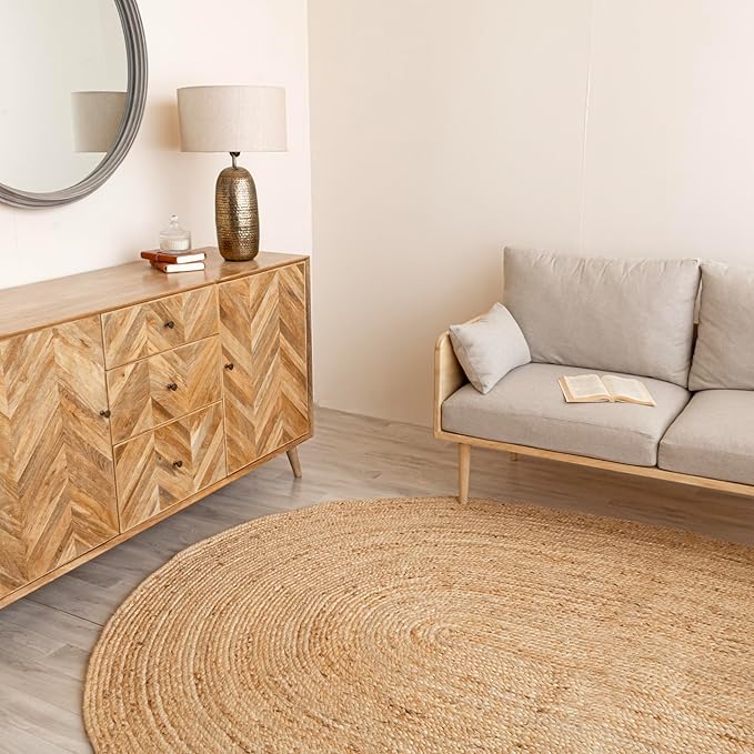 HOMEMONDE Reversible Oval Jute Area Rug - 5 x 8 ft Hand Woven Natural Fiber - Farmhouse Braided Rugs for Dining Room/Hallway/Office/Kitchen/Bedroom (Natural)