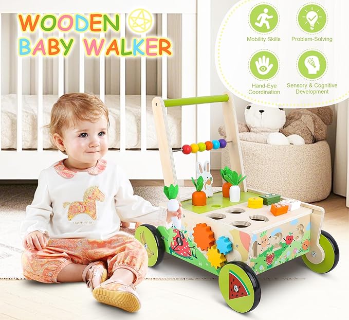 Wooden Baby Walker with Wheels,Toddler Push and Pull Walker Montessori Multiple Activity Center with Shape Sorting Grocery Toy and Puzzles Push Cart for Boys Girls 6-12 Months 1 2 3 Years Old (Fruit)