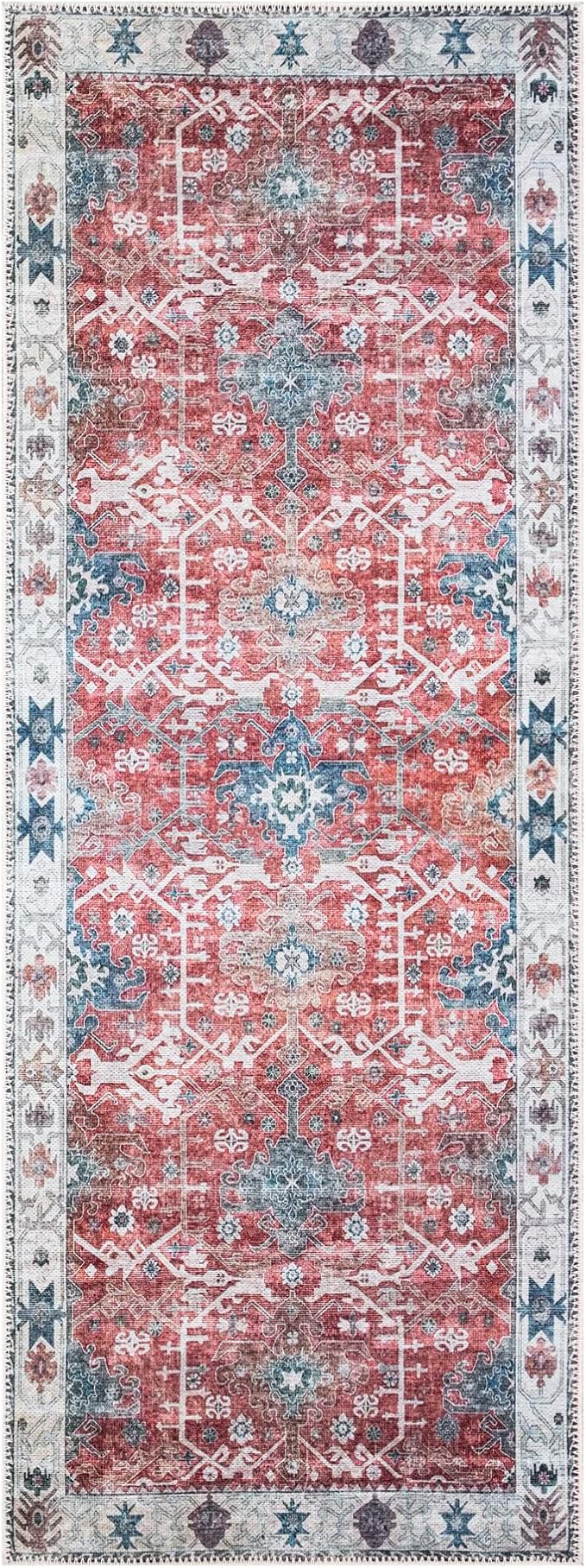 Bloom Rugs Washable Non-Slip 7 ft Runner - Red/Blue Traditional Runner for Entryway, Hallway, Bathroom, and Kitchen - Exact Size: 2.5' x 7'