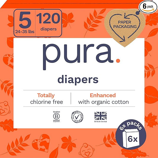 Pura Size 5 Eco-Friendly Diapers (24-35 lbs) Totally Chlorine Free (TCF), Hypoallergenic, Soft Organic Cotton, Sustainable, up to 12 Hours Leak Protection, Allergy UK, 6 Packs of 20 (120 Diapers)