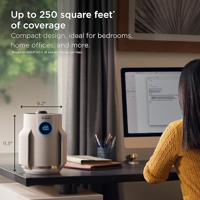 Shark NeverChange Air Purifier Compact Pro with Long-lasting HEPA Exceeding Filtration, Captures Pet Dander, Dust, Smoke, and Allergens, up to 250 sq. ft. for Bedroom, Home Office, Dorm, HP072PL