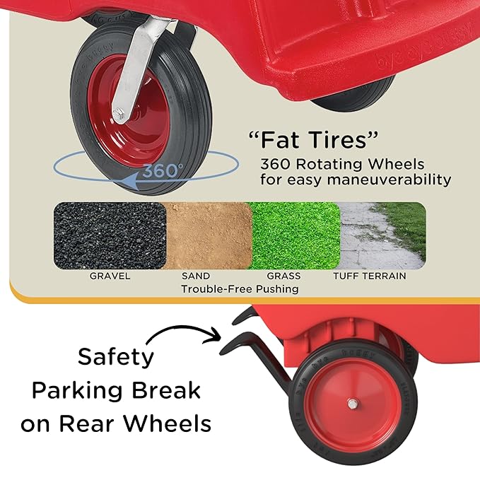 Children’s Factory Bye Bye Buggy 6 Passenger Stroller, Sturdy Daycare Stroller with Fat Tires, Easy-to-Fasten Safety Buckles, Parking Brake, & 360 Pivoting Wheels, Red