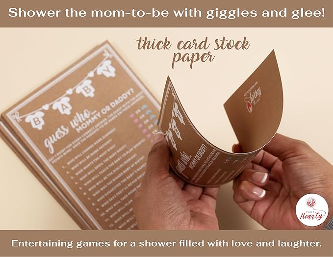 Party Hearty Baby Shower Games for Girl or Boy, 50 pcs Mommy or Daddy Guess Who Game, Fun Activity Cards, Gender Neutral, Ideas