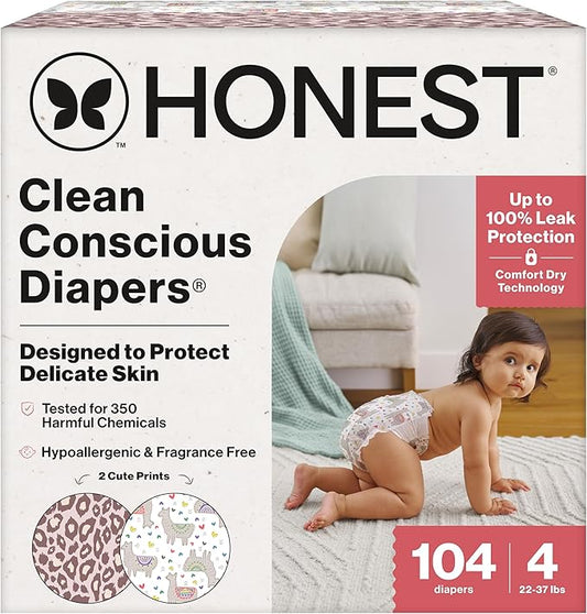 The Honest Company Clean Conscious Diapers for Delicate Skin | Up to 100% Leakproof | Hypoallergenic, Fragrance Free | Girl Prints | Super Club Box, Size 4 (22-37 lbs), 104 Count (Prints May Vary)