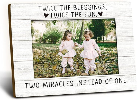 Twin Baby Gifts Picture Frame 4x6, Twin Mom Gifts Wooden Picture Frame, Twins Must Haves for Newborn, Twice The Blessings Twice The Fun Decorative Photo Frames for Table Desk Decor