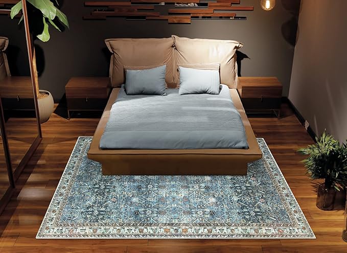Bloom Rugs Washable Non-Slip 6' x 9' Rug - Blue/Beige Traditional Area Rug for Living Room, Bedroom, Dining Room, and Kitchen - Exact Size: 6' x 9'