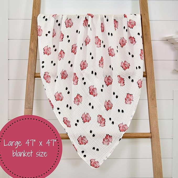 LollyBanks Muslin Swaddle Blankets for Boys and Girls, Large 47 x 47 Inches Baby Blanket, Soft and Breathable 100% Cotton Baby Receiving Blankets, Baby Essentials, Registry (Piggy Farm Theme)