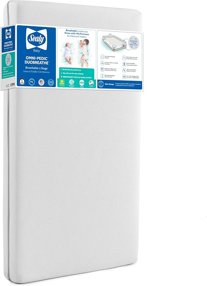 Sealy Baby OmniPedic DuoBreathe 2 Stage Breathable Crib Mattress, GREENGUARD Gold Certified, Made in USA, Waterproof, Premium Dual Firmness and Hypoallergenic, Toddler Bed Fit, 52x28