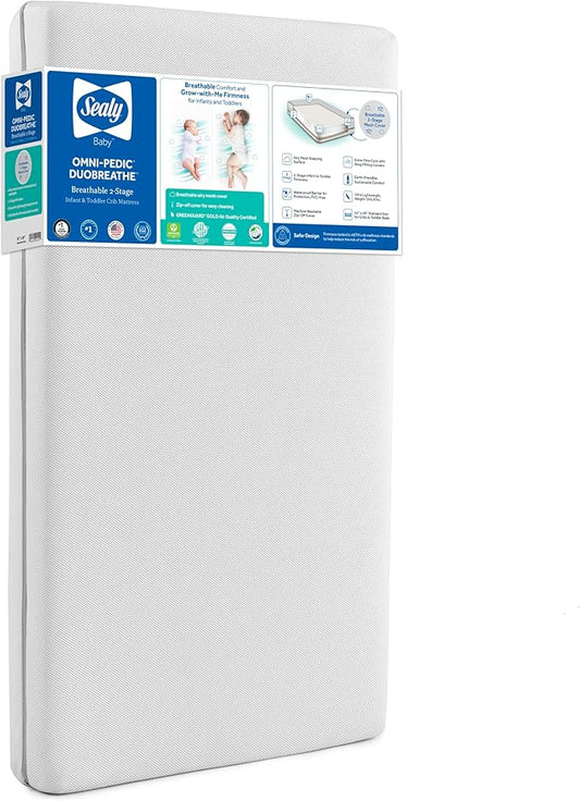 Sealy Baby OmniPedic DuoBreathe 2 Stage Breathable Crib Mattress, GREENGUARD Gold Certified, Made in USA, Waterproof, Premium Dual Firmness and Hypoallergenic, Toddler Bed Fit, 52x28