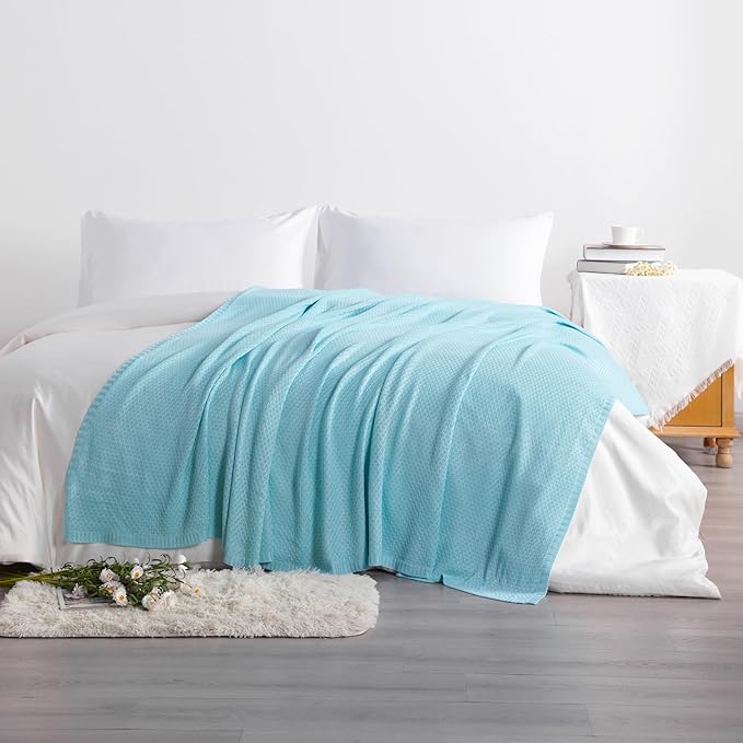 NTBAY Cable Knit Cooling Throw Blanket, Soft and Breathable Throw Blanket 51x67 Inches Made from Rayon Derived from Bamboo for Couch, Sofa, Nap, Blue