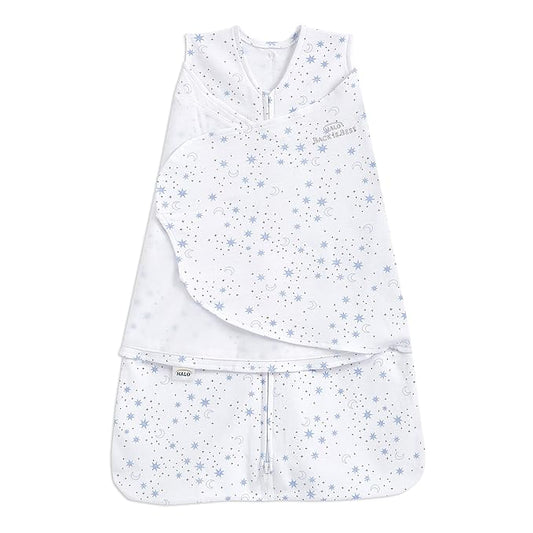 HALO 100% Cotton Sleepsack Swaddle, 3-Way Adjustable Wearable Blanket, TOG 1.5, Midnight Moons Blue, Small, 3-6 Months
