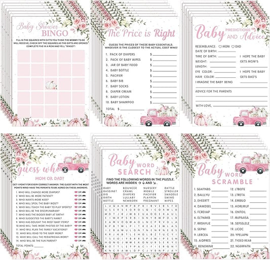 Jetec 302 Pcs Pink Pumpkin Theme Baby Shower Games, 6 Games, 50 Sheets Each, Shower Party Bingo, Word Scramble, Baby Word Search, Predictions and Advice, the Price Is Right, Guess Who