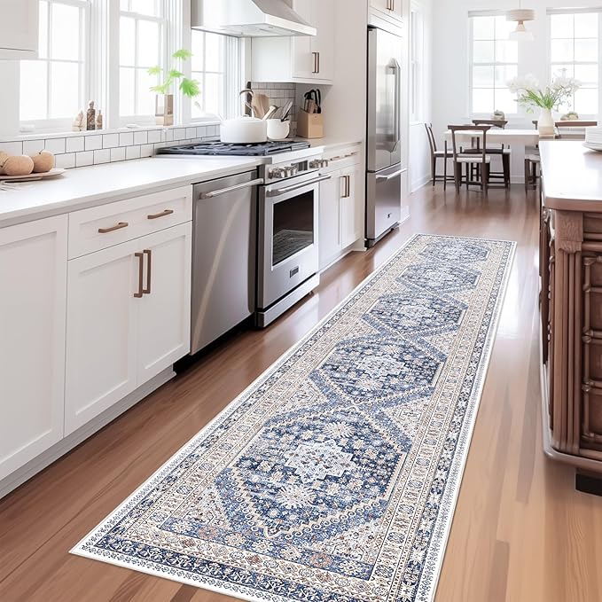 zesthome Washable Runner Rug 2.5x16 - Stain Resistant Entryway Rug,Ultra-Thin Kitchen Rugs, Anti Slip Backing Runner Rugs for Entrance Laundry Room Indoor Hallway (Blue/Beige,2.5'x16')