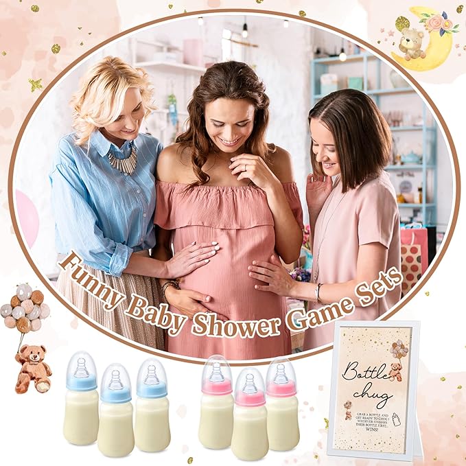 Roowest Bottle Chug Baby Shower Game Favors Including Brown Bear Theme Wooden Sign and 18 Pcs Baby Bottles for Gender Reveal Party Supplies