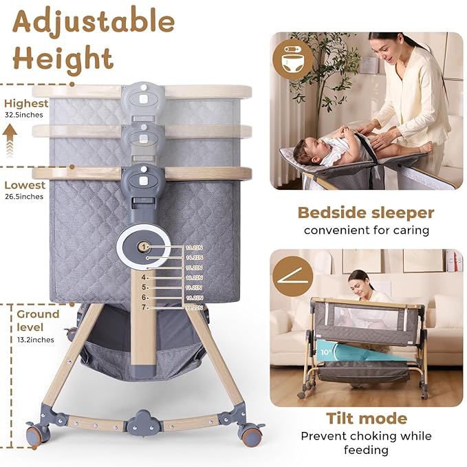 Baby Bassinet 5 in 1,Baby Bedside Bassinet with Diaper Table, Mosquito Net, Mattress, Storage Layer, Can Be Stored in One Button Travel Crib (Gray)